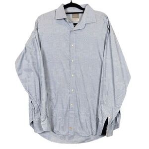 Thomas Dean Button Front Shirt Navy Blue White Abstract Square Print Size XL